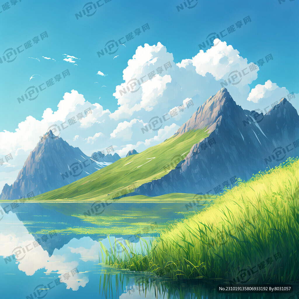 AI创作图山水 大叶草 蓝天 白云nipic.com-昵图网