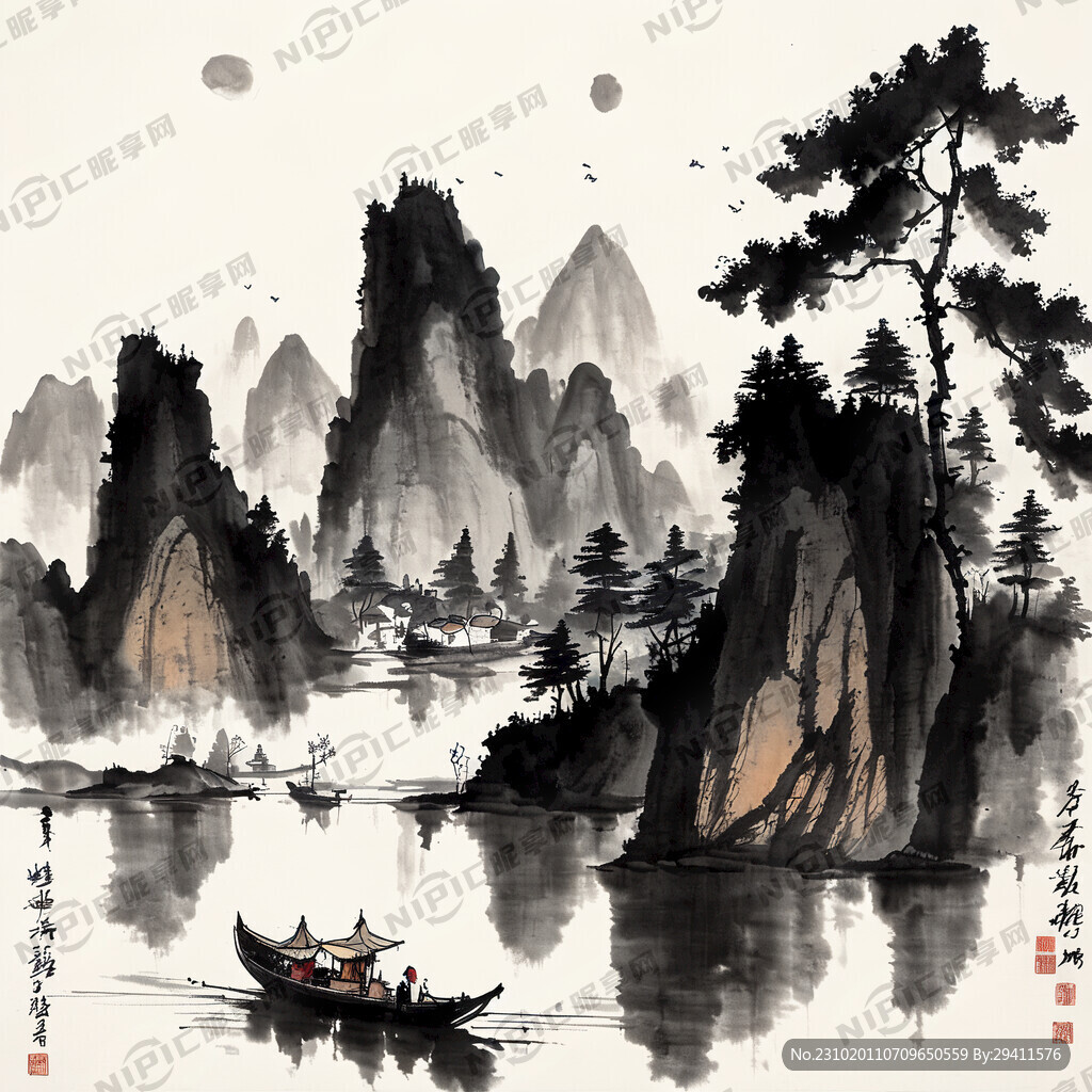 简易山水画颜色丰富有水有船