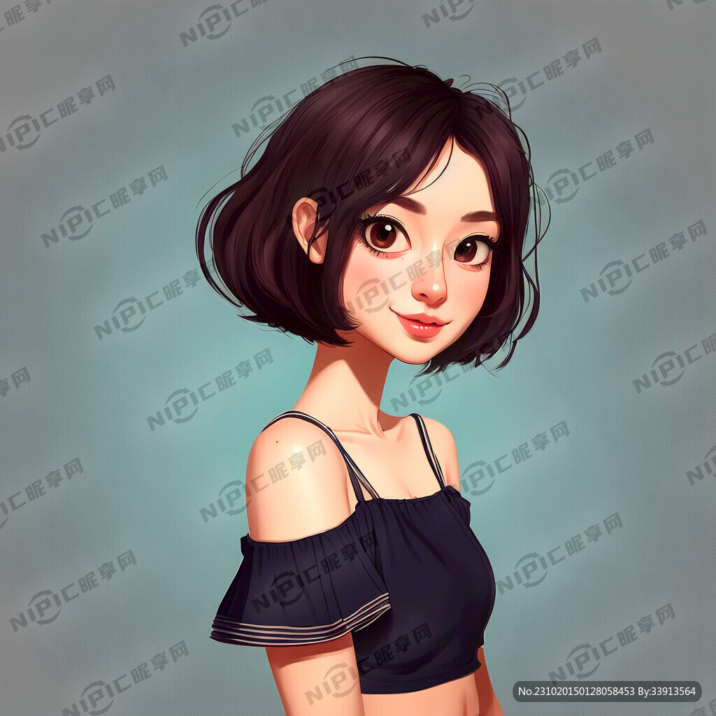 女生卡通 短发 学生 露肩