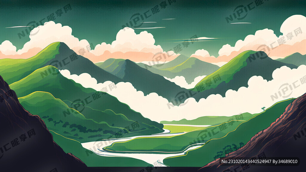 右边是云雾缭绕的青山 手绘风格