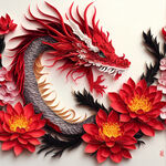 衍纸艺术，春节，可爱龙，龙，唯美红色，花，红灯笼，高清，创意构图，层次分明