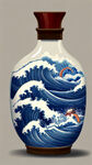瓷瓶上面有海浪，一条龙围绕着瓷瓶，线条插画