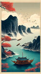 唯美新中式风景，超高清，细节刻画，大海里的古代商船，俯视，远景
