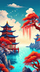 游戏梦幻唯美新中式风景，超高清，细节刻画，海洋
