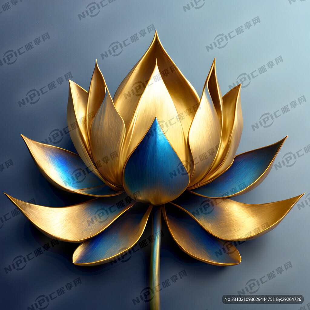 金色和蓝色渐变的金属质感荷花