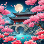 游戏梦幻唯美新中式风景，超高清，细节刻画，沐浴在花瓣里满天花瓣，飘渺电影般环境，明亮清晰