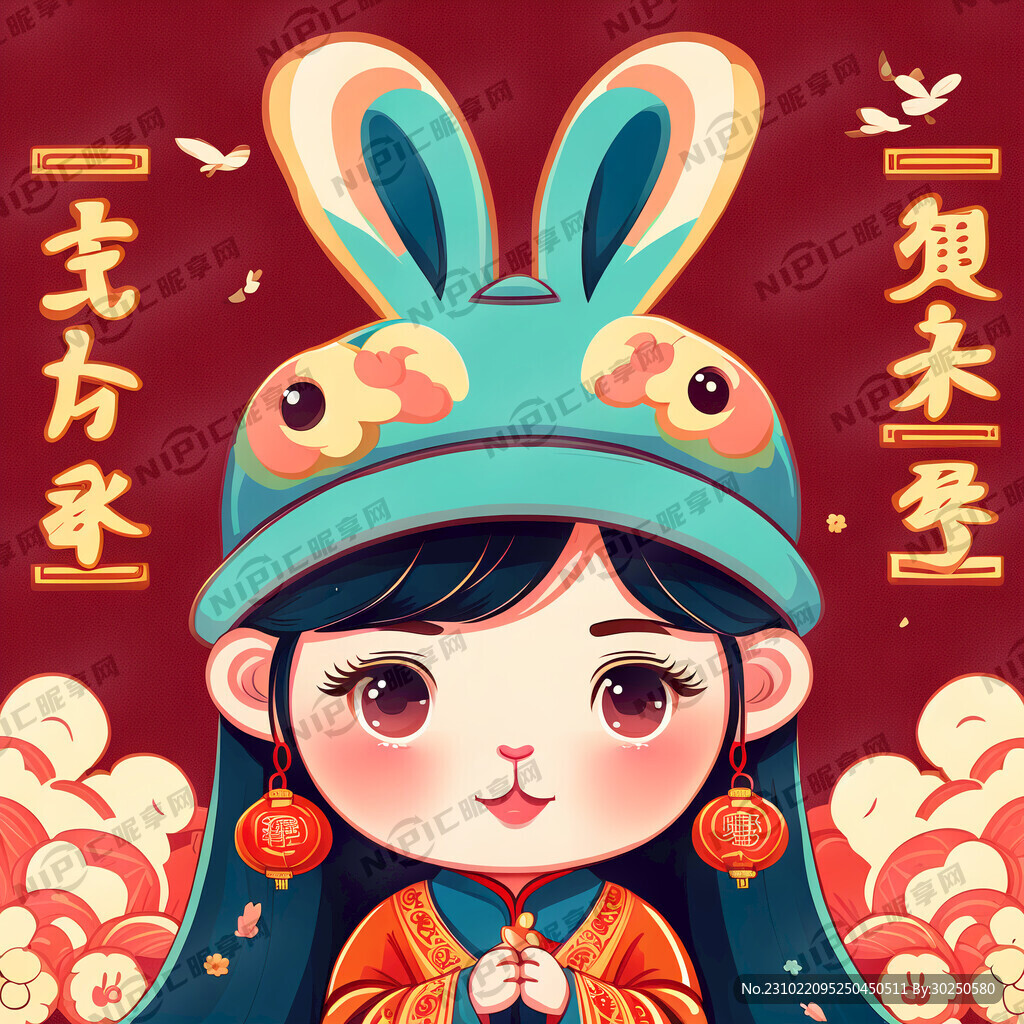 兔帽 可爱女孩 拜年 卡通风格