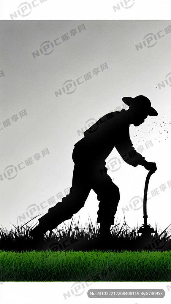 低头弯腰维护草坪的工人剪影