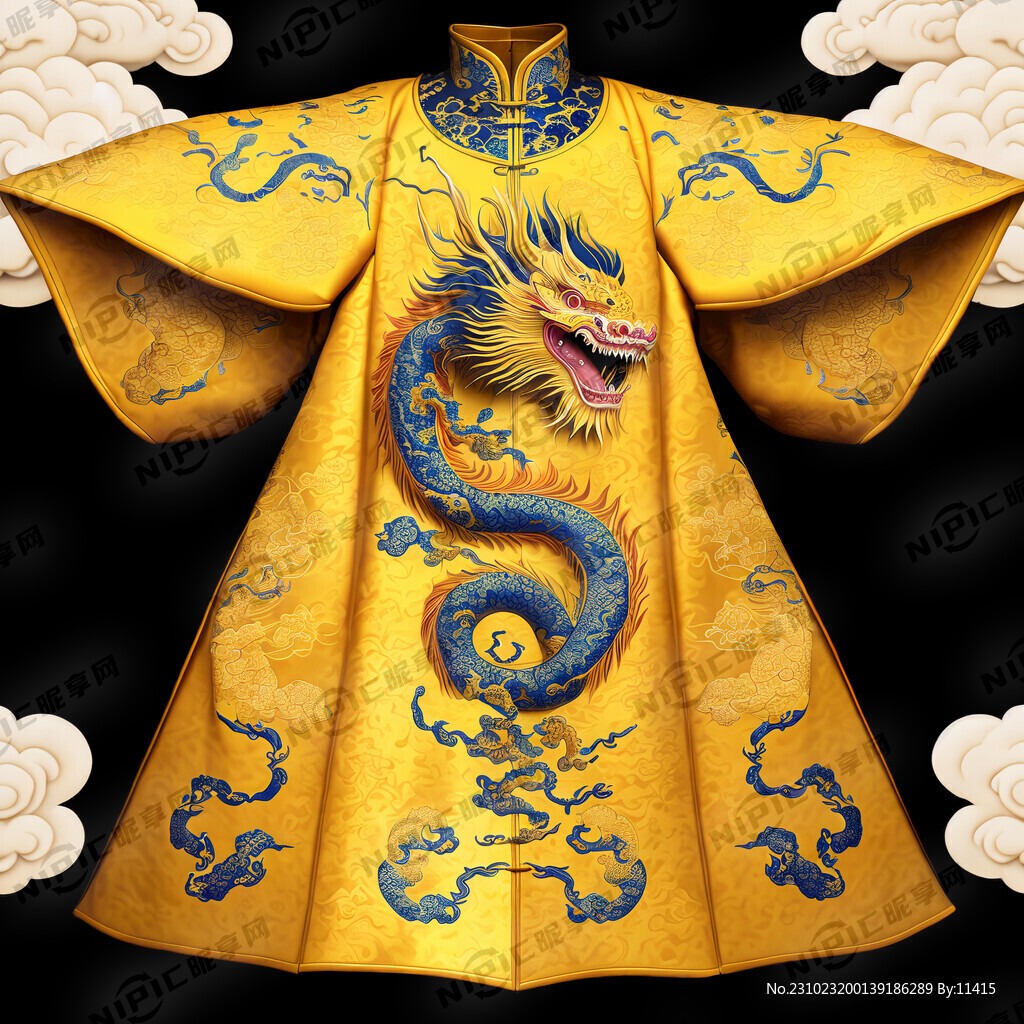 黄色皇家锦缎龙袍龙纹云纹补子大