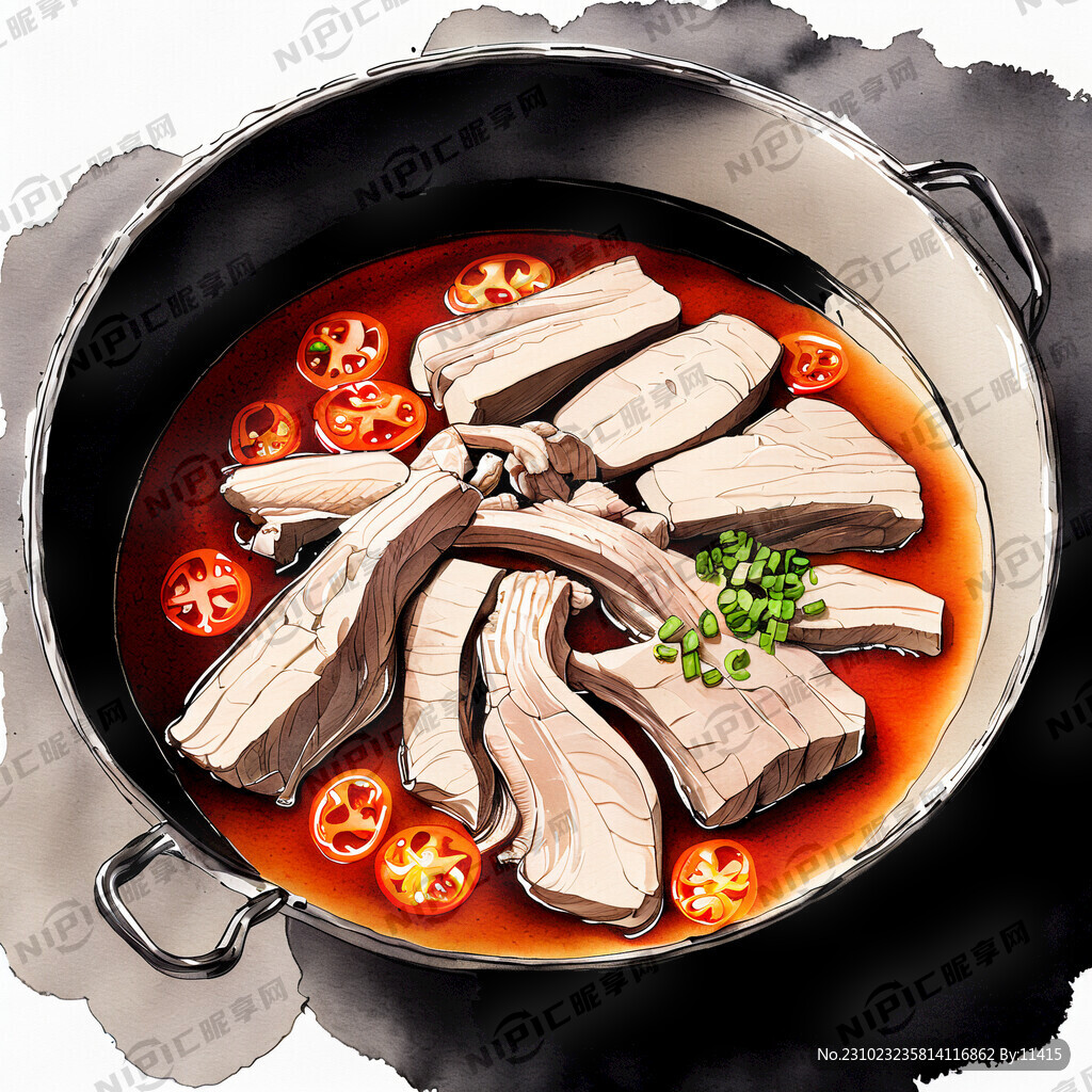 插画 超大火锅 卤猪肚 鸡肉块