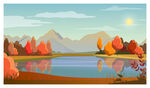 湖泊树木太阳和山脉风景插画背景