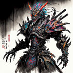 中国龙人形机器人战士，金属科技，炫酷特效，黑色背景
