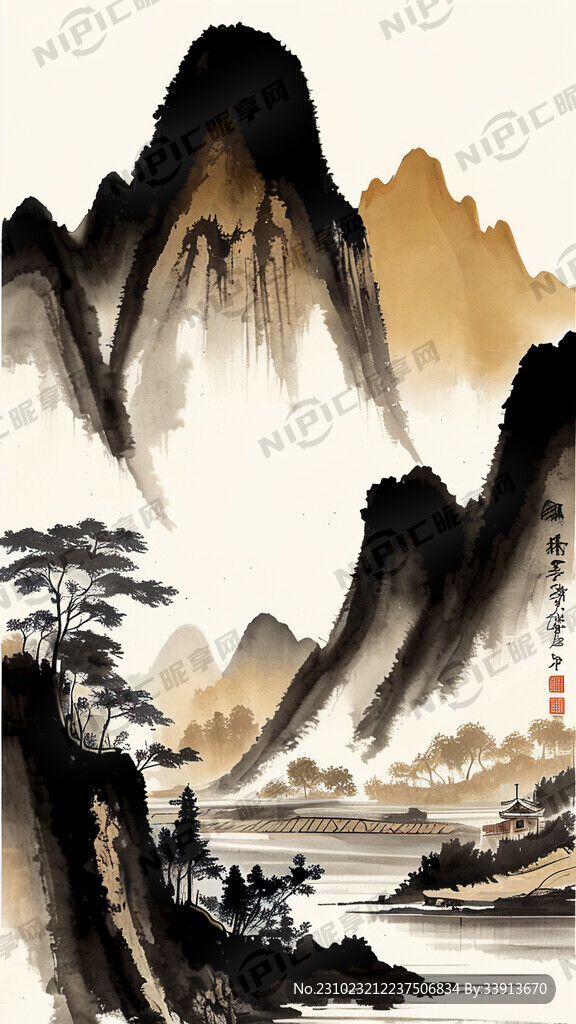 写意山水画 国潮 水墨 河流