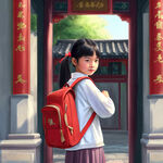 小美女背着书包站在龙旺庄小学大门口