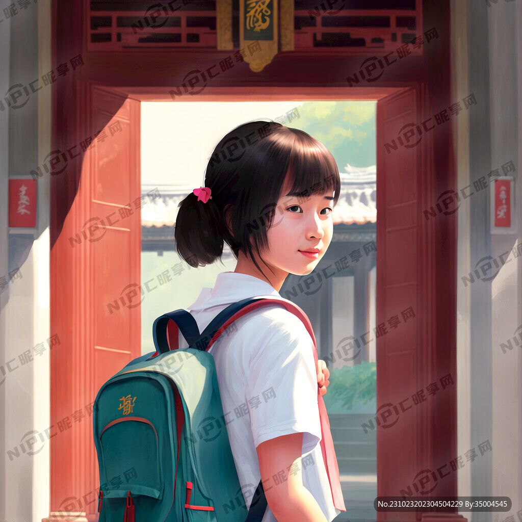 小美女背着书包站在龙旺庄学校门