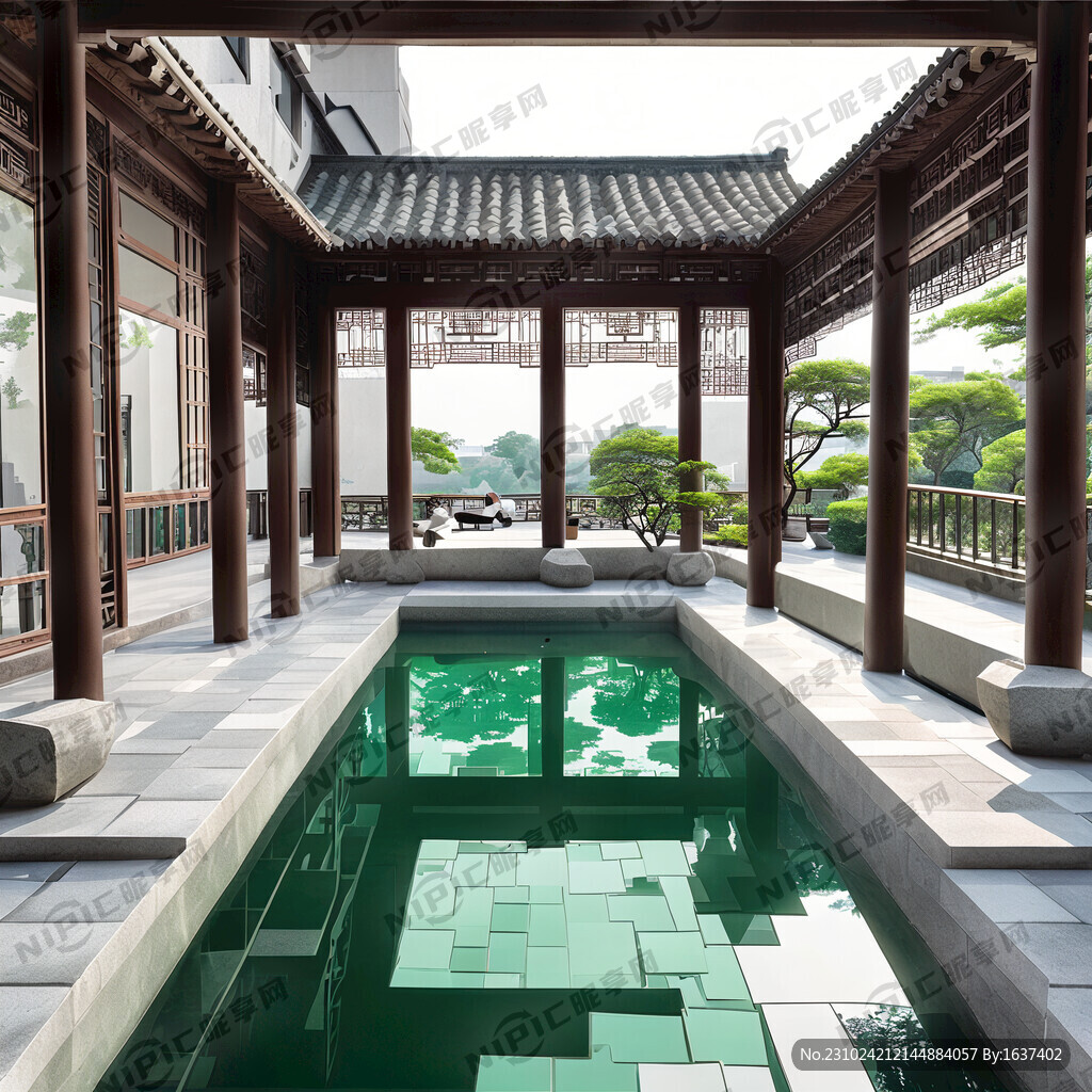 楼顶阳台上铺满绿色地板几何图案