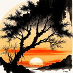太阳火树水墨画