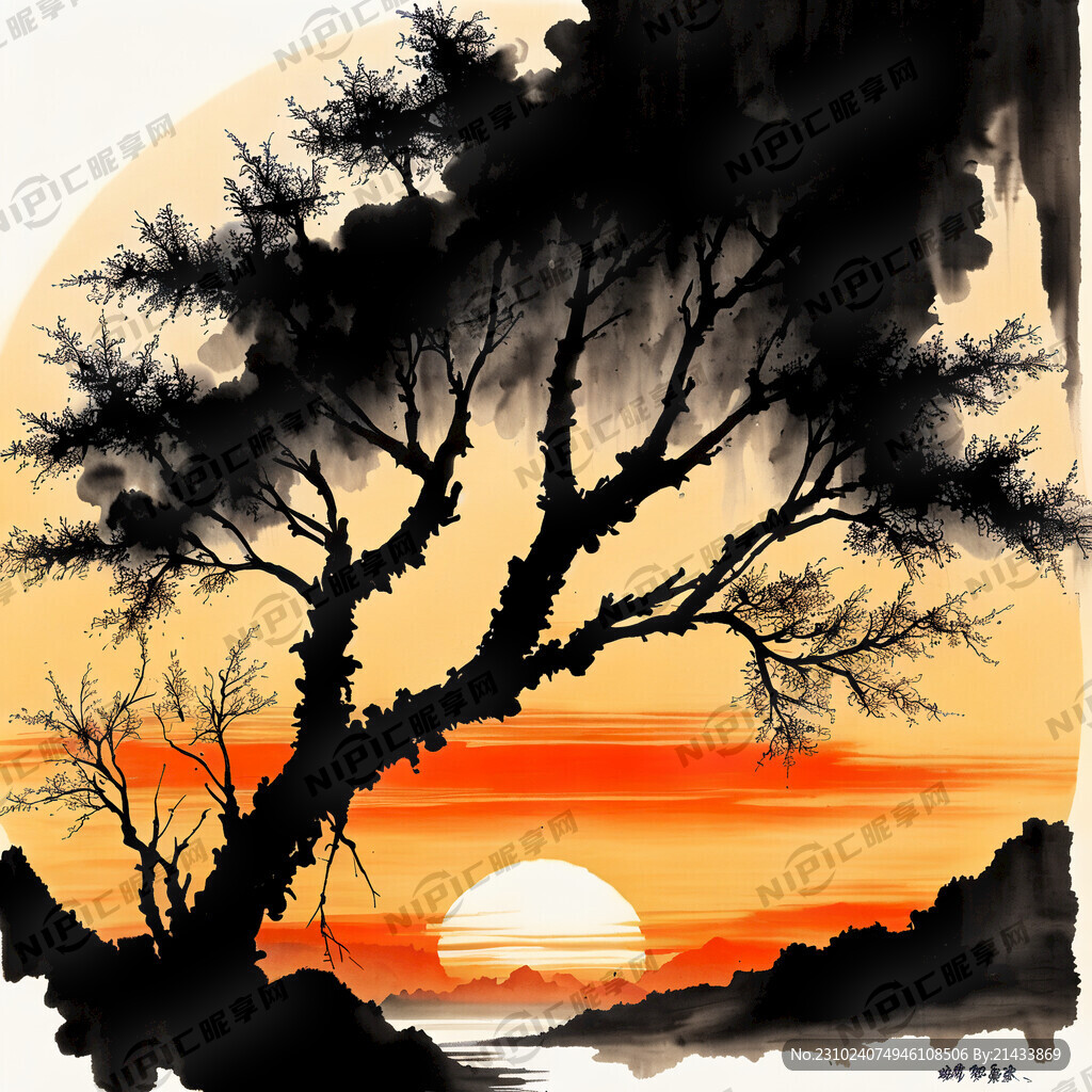 太阳火树水墨画