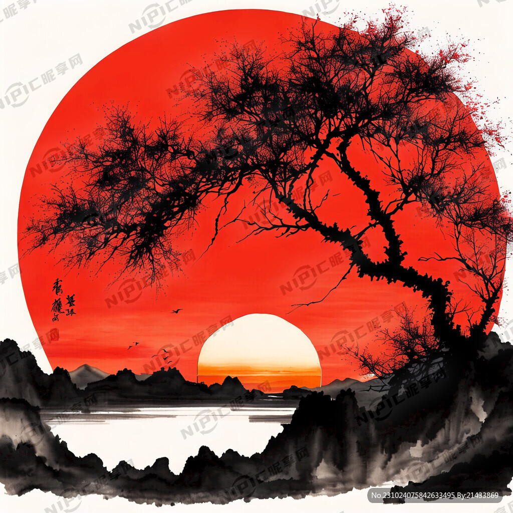 整体为淡红色画有太阳和火树国画