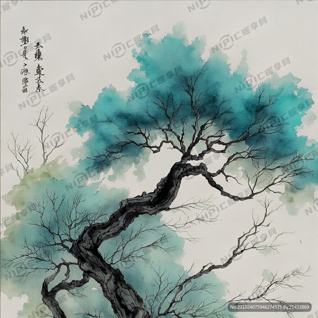 整体画为淡青色画有8颗大树和青