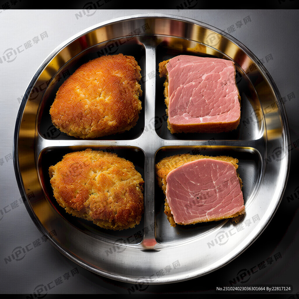 不锈钢盘子里面装10片午餐肉片