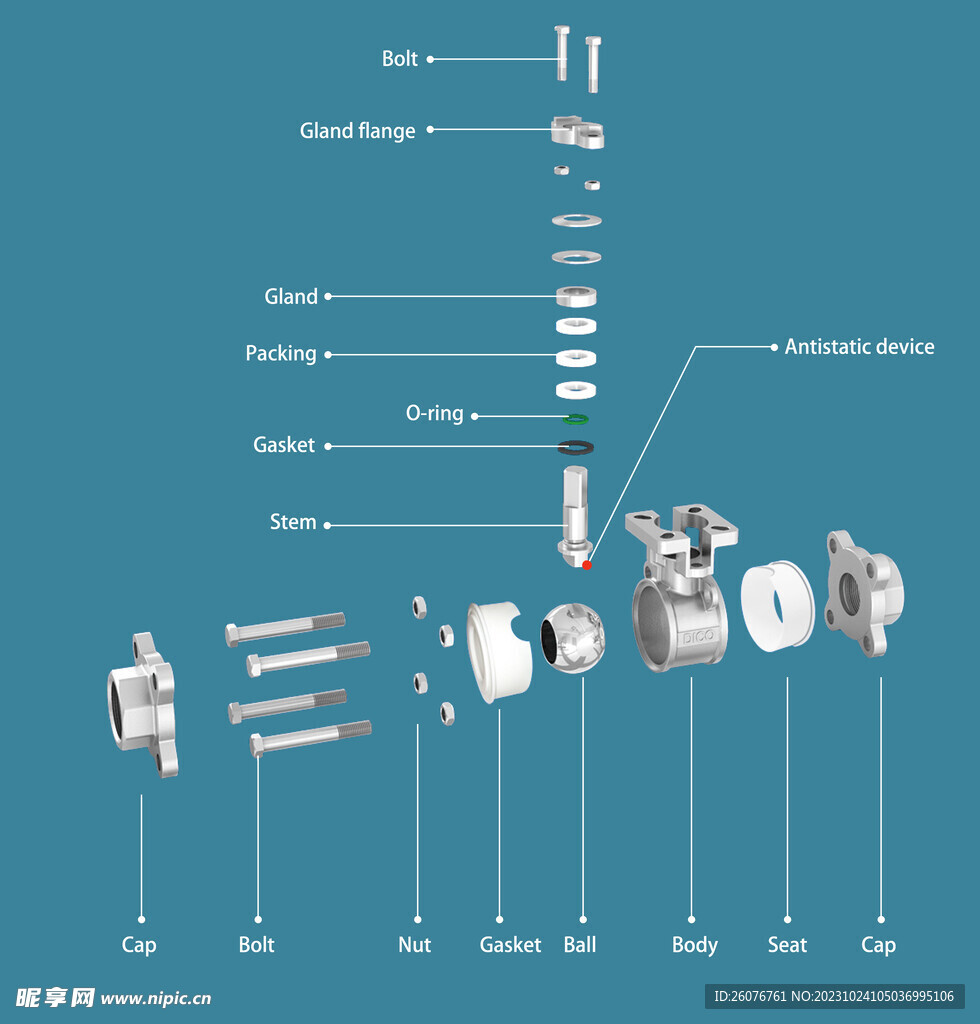 螺纹球阀爆炸图-英文版