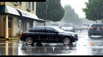 抢车位，轿车车位，小型轿车，小区没地方停车，斗气，下雨天，冒雨下车，淋雨，没带伞，狼狈，人群，