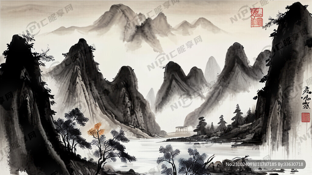 写意山水画 国画 水墨 山峰