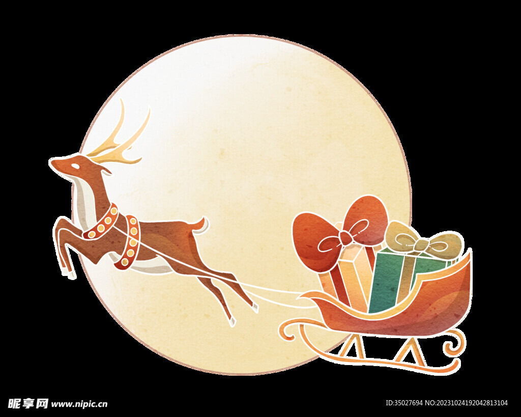 圣诞节平安夜麋鹿拉雪橇元素插画