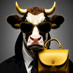 一头牛，拿着装满黄金的皮包，戴着墨镜，抽着雪茄，穿着黑色英式背带裤，背景黑色渐变