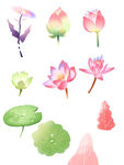 免扣水彩唯美荷花插画元素素材