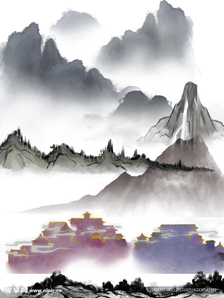 免扣水墨国风山水元素素材