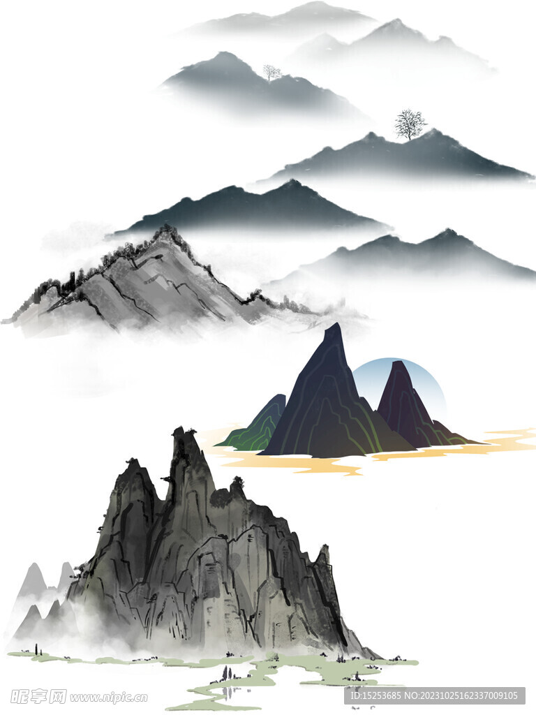 免扣水墨画山水元素素材