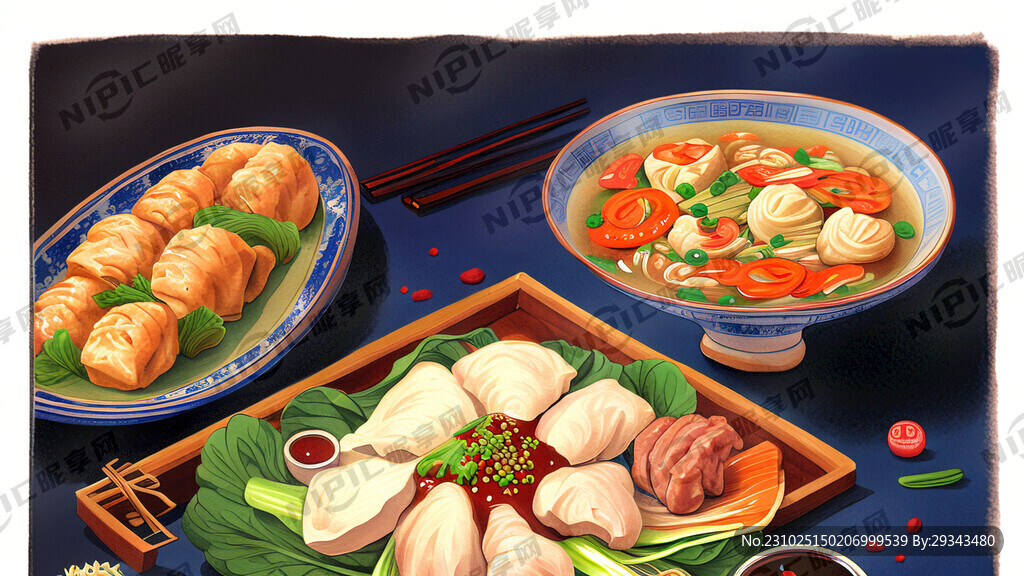 一桌美食 手绘 色彩