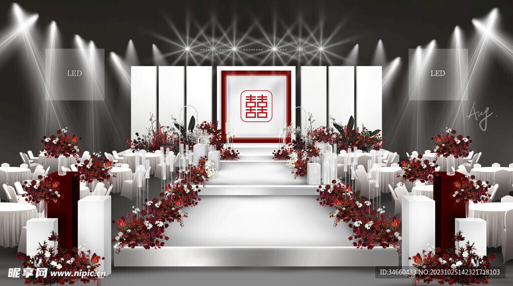 白红色简约秀场风婚礼效果图