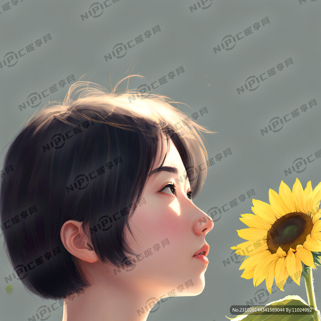 一个拿着向日葵的短发女生