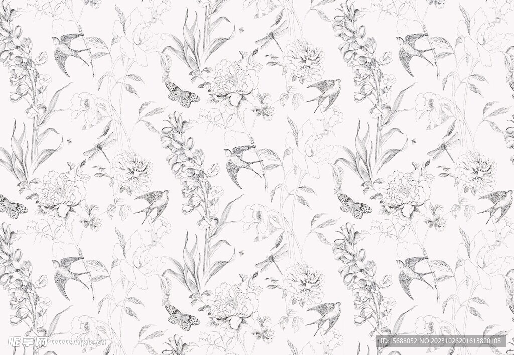 高清手绘花鸟素描