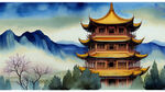 黄鹤楼，插画，中国风，全景，大场景