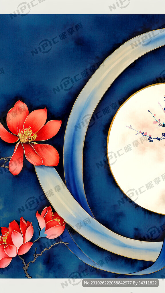 新中式 丝带背景 蓝色大月亮