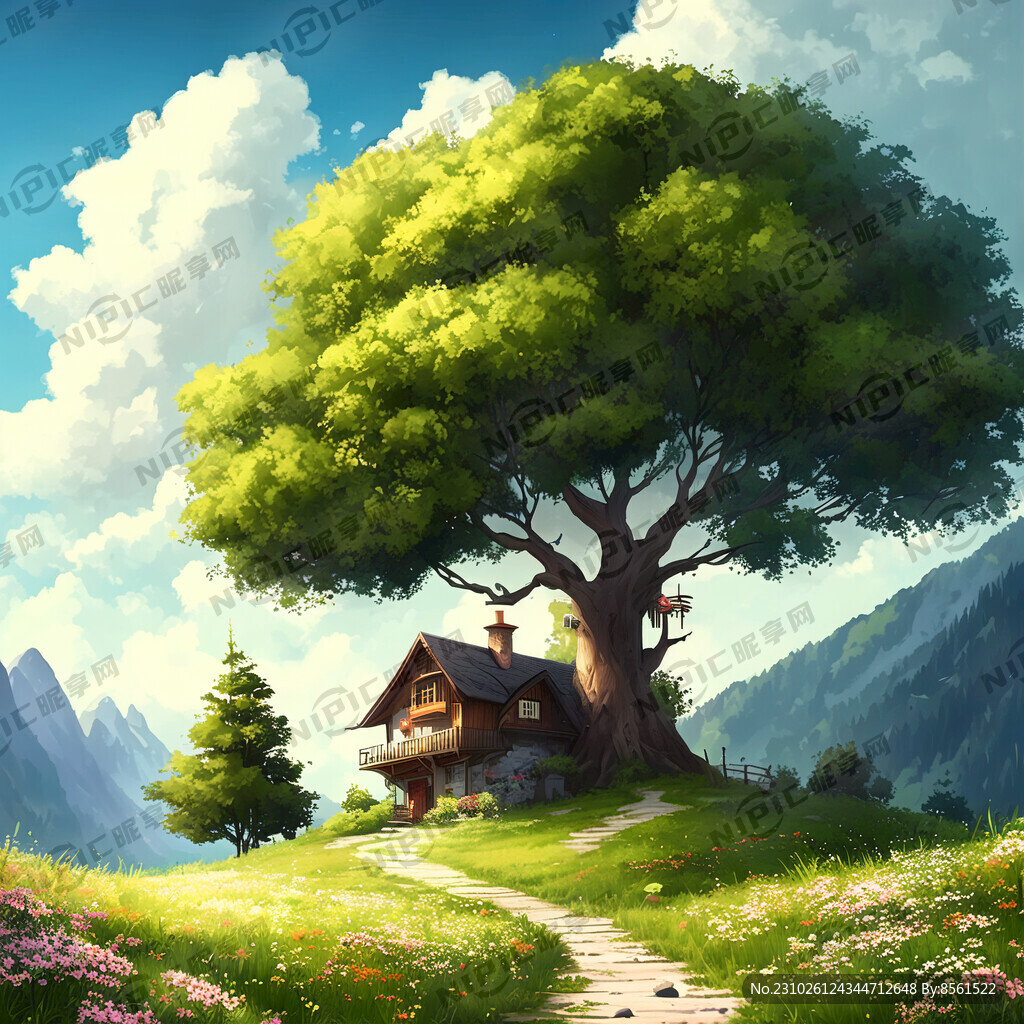 生成一副有高山 大树 房子