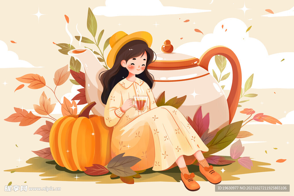 秋天喝茶的女孩插画