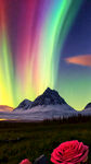北欧，荒野极光，两朵玫瑰围绕太阳图案，彩虹天空，质感。