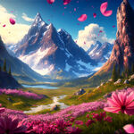 游戏梦幻唯美北美风景，超高清，细节刻画，沐浴在花瓣里满天花瓣，飘渺电影般环境，明亮清晰