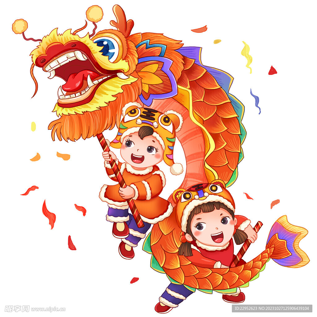 卡通新春元宵节庙会福娃舞龙