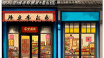 店铺，中国古典，联排门窗，正面角度，大场景，带有地面，