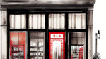 店铺，中国古典，联排门窗，正面，带有地面，中间没有柱子，红色，场景真实，远景镜头