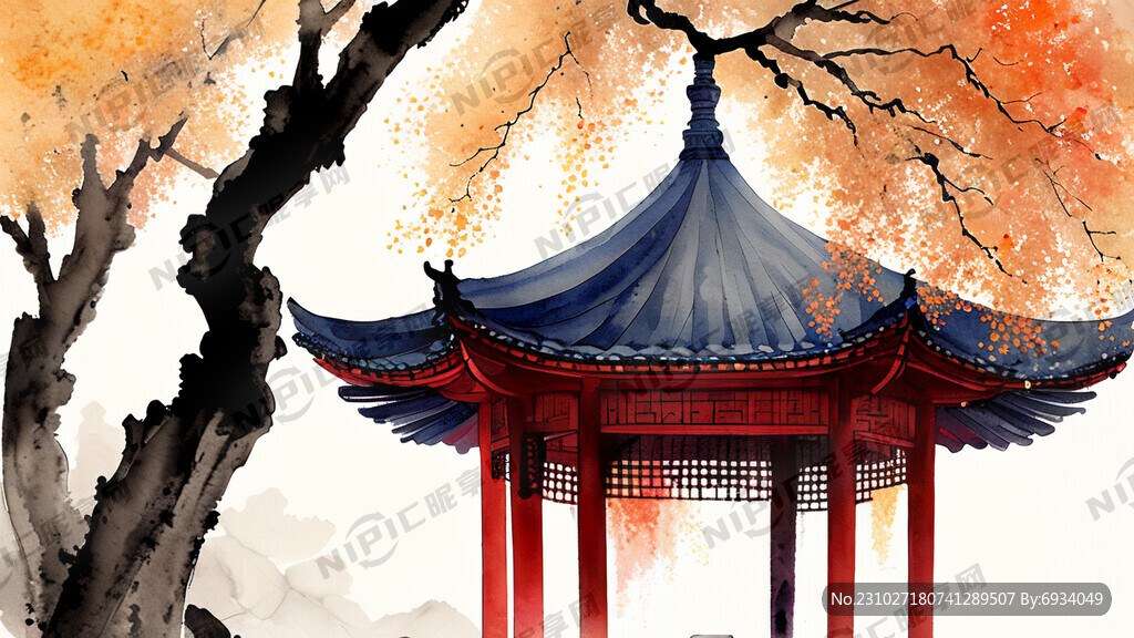 银杏 红亭 中国风 中国画