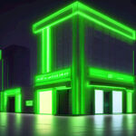 夜店门头，科技感，绿色炫光，三层楼高，灯条