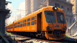 一列橙色的火车荒废在城市废墟