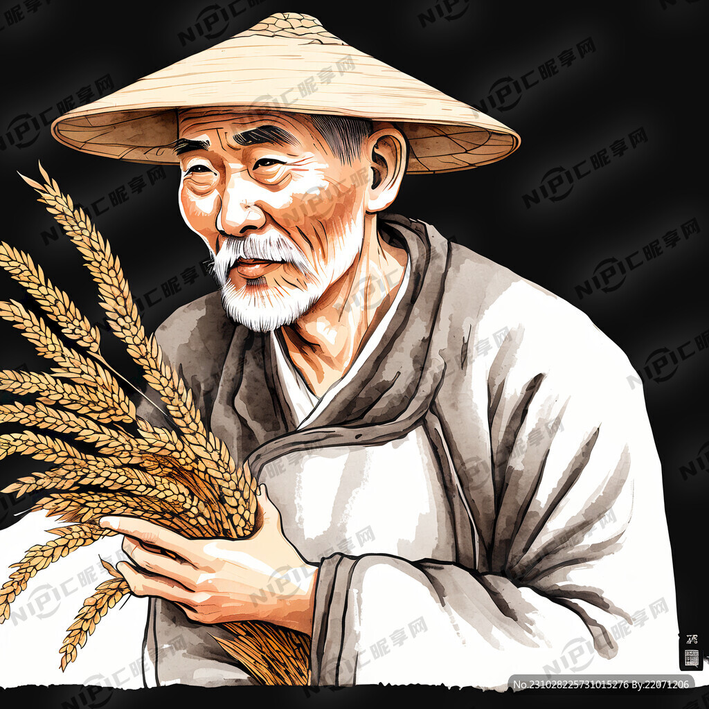 中国古代农民 手拿谷子 矢量图